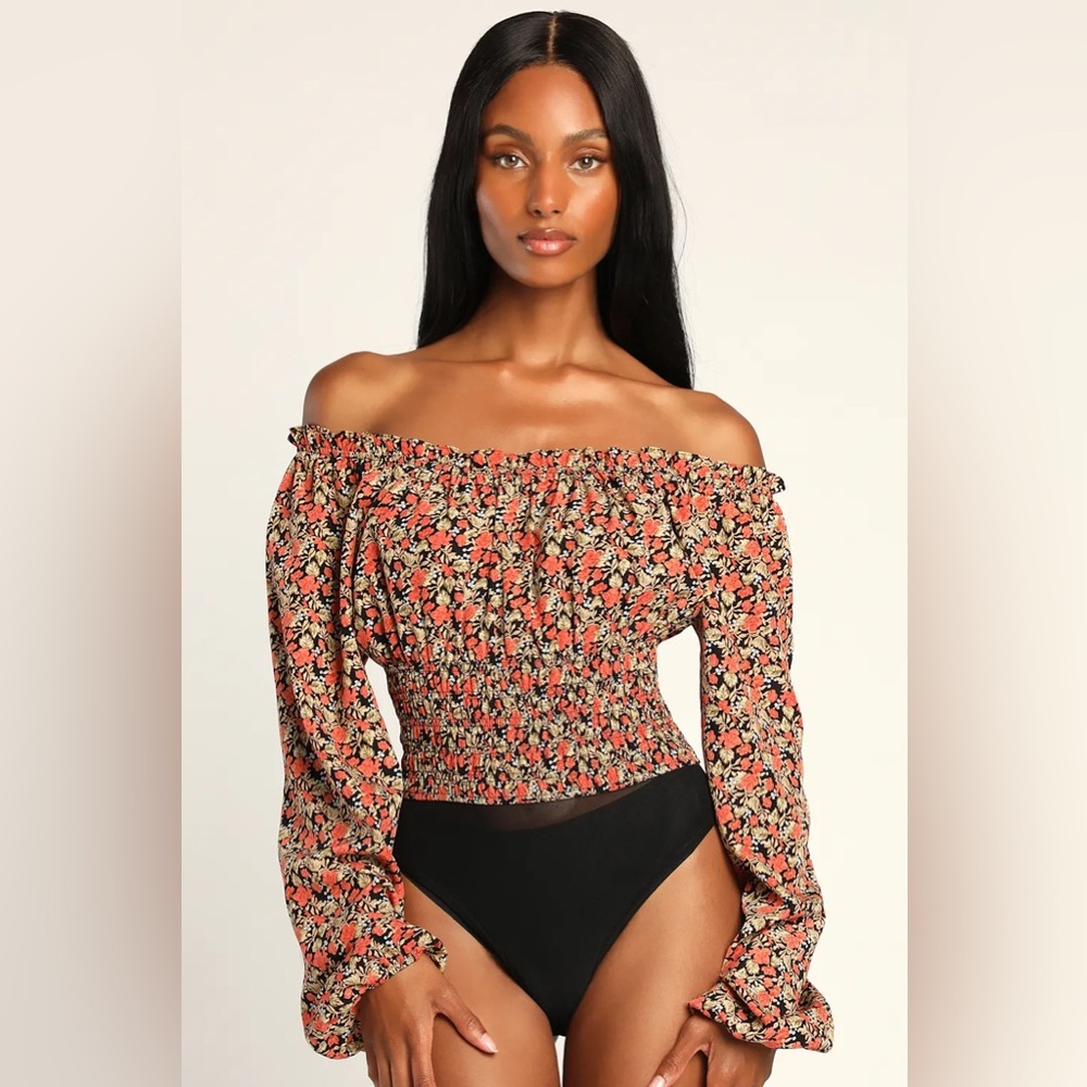 ✨NWT✨ Lulus Beauty Embodied Black Floral Off-the-Shoulder Smocked Bodysuit
